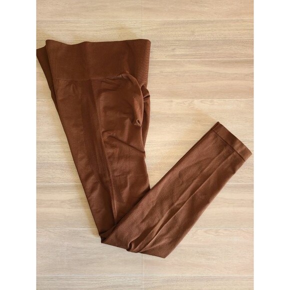 Rust Ribbed Leggings XS High Waist Ruched Back Stretchy Athleisure Pants - Picture 1 of 7